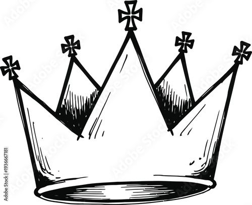 A black and white illustration of a crown with multiple points and fleur de lis decorations