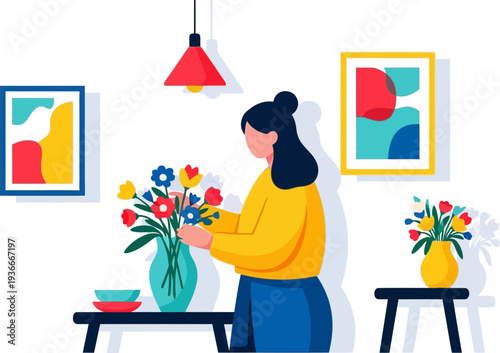 Woman arranging a colorful bouquet of flowers in a vase at home