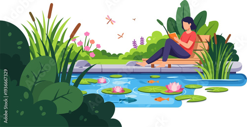 Woman reading a book by a serene lily pond
