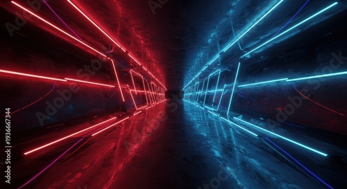 Infinite futuristic tunnel interior illuminated by parallel neon light streams in opposing primary colors