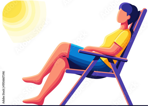 Woman relaxing on a purple deck chair under the glowing summer sun