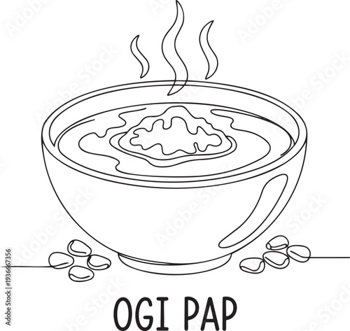 African traditional food Ogi Pap porridge in bowl in continuous one line drawing. Hot corn meal breakfast in simple linear style. Restaurant menu in editable stroke. Doodle oneline vector art.