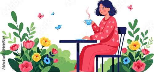 Woman relaxing with a hot beverage in a butterfly garden