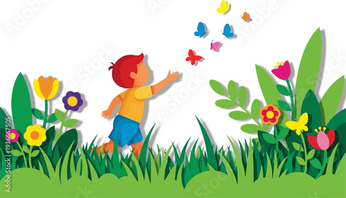 Young boy reaching for butterflies in a lush garden