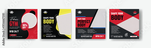 Trendy gym fitness workout promotional pack with social media post template, square flyer poster design, web banner ads and marketing layout for personal trainer sport training