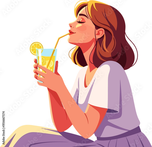 Young woman enjoying a refreshing glass of lemonade