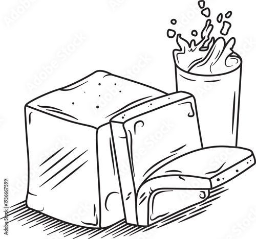 White bread and a glass of splash milk vector sketch. Milk loaf bread outline illustration. Hand drawn outline toast and milk.