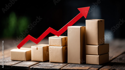 Shipping boxes arranged as upward bar graph, e commerce growth, logistics success concept