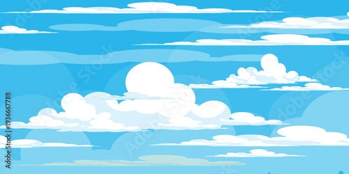 Illustration of a blue sky with white clouds in a flat style. Blue sky background and white clouds. Cartoon sky