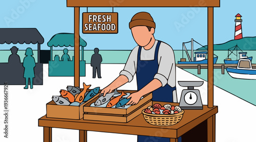 Seafood Vendor Displaying Fresh Catch at Outdoor Market Stall by the Harbor with Lighthouse and Boats in Background Day Lighting