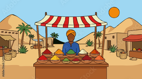 Desert Market Stall with Colorful Spices and Vendor Under Striped Awning in Warm Sunlight
