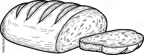 Classic hand drawn black and white illustration of a whole bread loaf with a cut slice