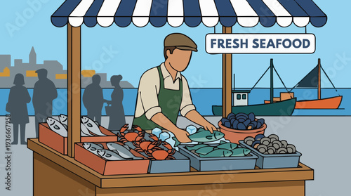 Seafood Vendor Selling Fresh Catch At Outdoor Market Stall With Boats In Background