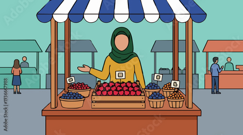 Muslim Woman Vendor Wearing Green Hijab and Yellow Top Selling Fresh Berries at Outdoor Market Stall with Colorful Canopy and Blurred Background People Buying Goods
