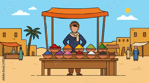 Man Standing Behind Stall Selling Colorful Spices in Desert Marketplace with Traditional Architecture and Palm Tree Under Sunny Sky