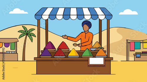 Man In Turban Sells Colorful Powders At Desert Market Stall Under Blue Sky With Clouds And Palm Tree