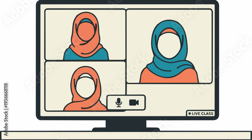 Three women wearing hijabs participate in a video conference call on a laptop computer screen showing a split view of their faces and upper bodies with muted microphones and cameras.