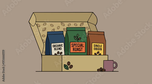 Three Bags of Coffee Beans Special Roast Medium Roast Dark Roast in Open Cardboard Box With Coffee Beans and Mug