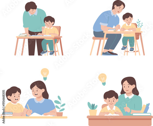 Parents helping children with homework at home, family education support, father and mother teaching kid learning together vector illustration