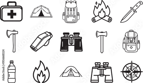 Collection of Camping Essential Icons Representing Camping and outdoor activities. 