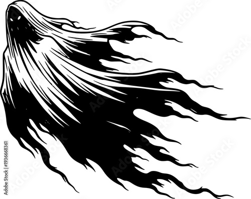 Dark ghost illustration, fantasy figure with veil, flow, spooky