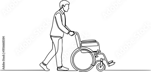 Continuous line drawing of a person pushing an empty wheelchair
