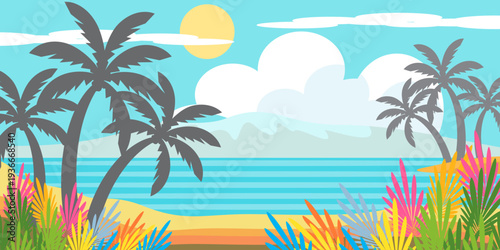 silhouette of coconut tree in flat style. illustration of palm tree in flat style. summer background. summer theme scenery