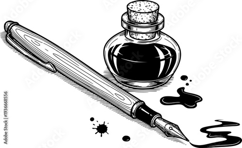 Pen and ink bottle, vintage writing tool, isolated on transparent background.