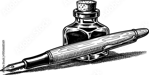 Pen and ink bottle, vintage writing tool, isolated on transparent background.