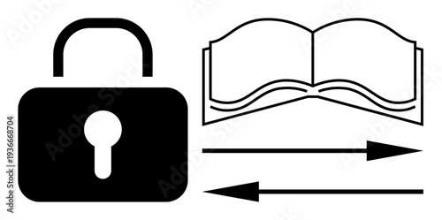 Online privacy, data encryption, file sharing, secure access, knowledge transfer, cybersecurity. A padlock, open book and arrows. Online privacy and data encryption concepts