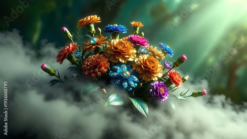 Colorful Flower Bouquet Floating in Smoke with Sunbeams