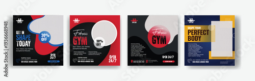 Gym fitness workout social media post template bundle, square flyer poster, web banner and promotional banner ads design for personal trainer, fitness club marketing advertising campaign