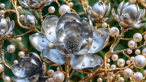 Silver Magnolia Blossoms with Pearls and Gold Branches Macro Detail