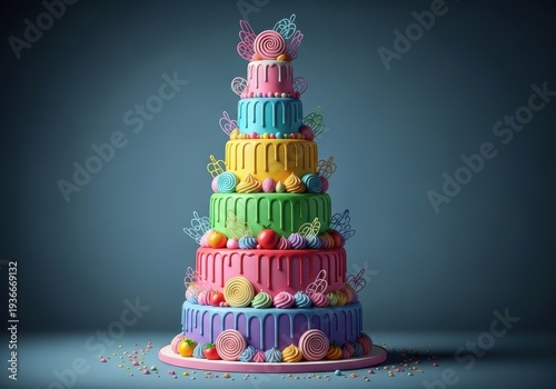 A massive, multi-tiered dessert covered in colorful frosting and sweet decorations, presented beautifully for a grand celebration or important event, frosting, festive, decorated