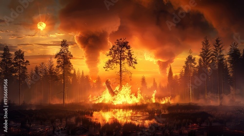Dramatic Forest Fire at Sunset with Thick Smoke and Fiery Flames Reflecting on Water Surface