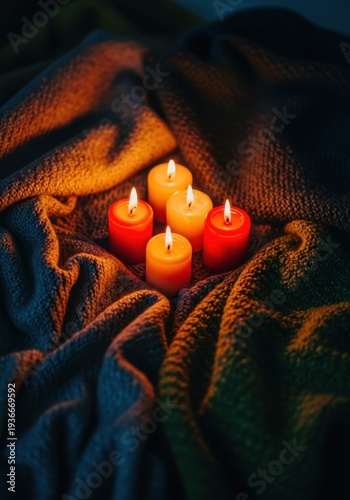 A warm glow from several flickering candles illuminates soft woolen blankets, creating a cozy atmosphere perfect for chilly seasonal evenings, ambience, blanket, yellow