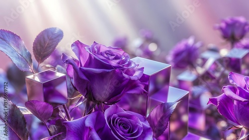 Purple Roses with Geometric Shapes and Light Rays Romantic Floral Arrangement