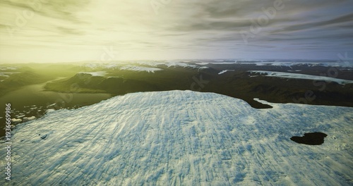 Expedition track crossing vast glacier under dramatic sky with distant peaks, rugged terrain and survival gear context suggesting endurance, teamwork