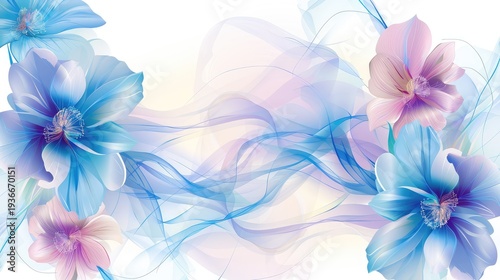 Elegant Floral Background with Soft Blue and Pink Flowing Elements and Delicate Petals for Art and Design