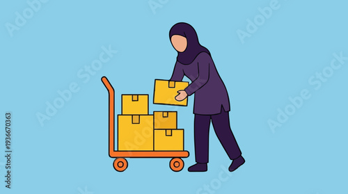 Illustration of a woman wearing a purple hijab and tunic loading yellow boxes onto an orange trolley against a light blue background