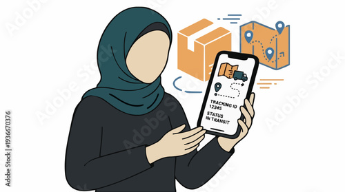 Woman Wearing Teal Hijab And Black Abaya Holding Smartphone With Delivery App Showing Package And Map Tracking Icon In Minimalist Style Illustration