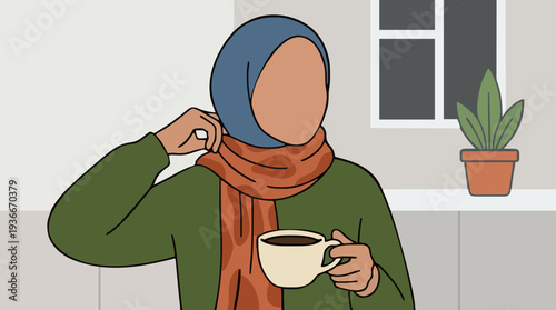 Woman Wearing Blue Hijab and Orange Scarf Holding Coffee Cup Indoors Warmly Dressed in Green Sweater with Window and Plant in Background