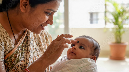 Indian mother applying black kohl dot baby forehead copy space traditional culture india asian parenting care protection family routine close up portrait