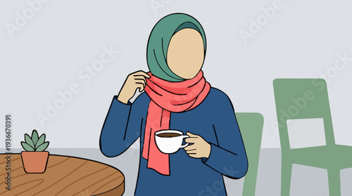 Woman Wearing Teal Hijab and Pink Scarf Holding Coffee Cup Indoors with Potted Plant and Chairs