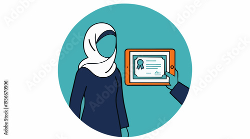 Person in hijab and blue dress holding digital tablet with certificate document in teal circle background for online education concept