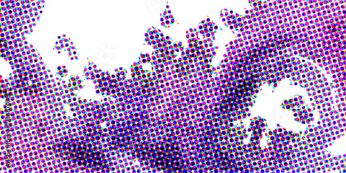 A digital world map illustration features a blue mosaic background of squares and dots, creating a global halftone pattern and textured earth design for business wallpaper