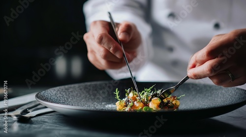 Chef's hands finishing up decoration of a dish