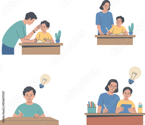 Parent, teacher, helping, child, study, homework, tutoring, education, learning, classroom, desk, idea, lightbulb, knowledge, guidance, support, school, student, illustration, concept