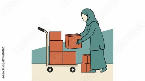 Muslim Woman in Hijab Arranging Cardboard Boxes on a Trolley with a Simple Background of Teal and Beige