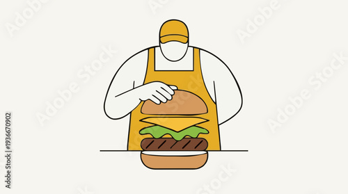 Chef in yellow apron preparing a delicious cheeseburger with fresh lettuce and beef patty against a neutral background flat illustration style
